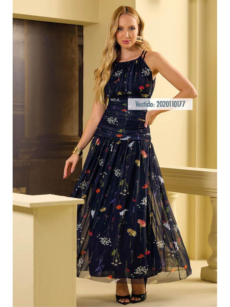 Vestido--Longo-Tule-Drapeado-Estampado-Gg