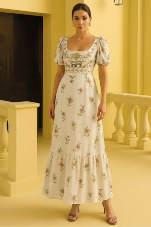 Vestido Longo Decote U Com Mangas