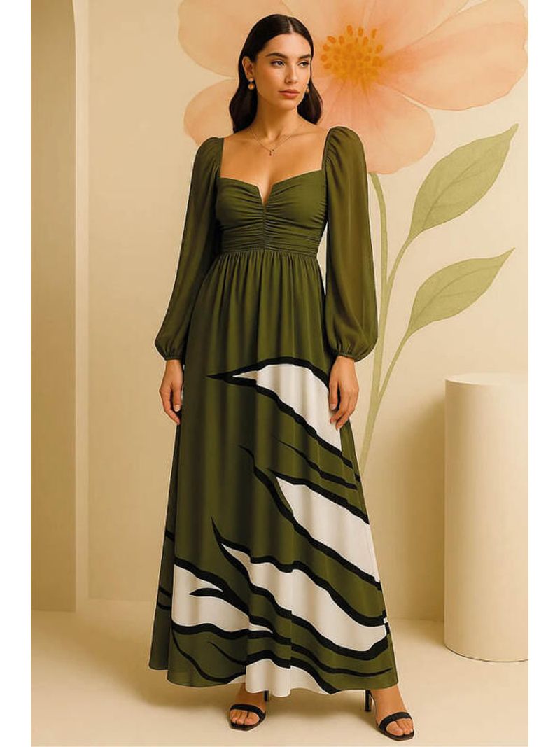 Vestido-Longo-Com-Mangas-E-Busto-Drapeado-Estampado-G
