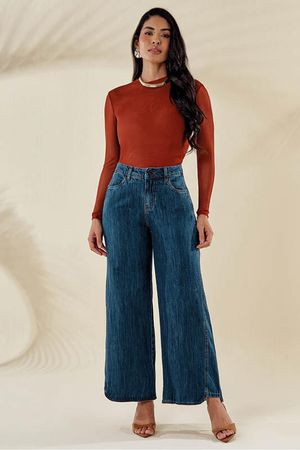 Calca Wide Leg Com Recorte Lateral